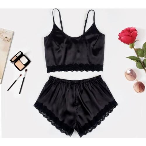 Women Nightwear Sexy Lace Pajamas Sets Summer Stripe or Solid Color Camisole and Shorts sleepwear Home Clothes Suit