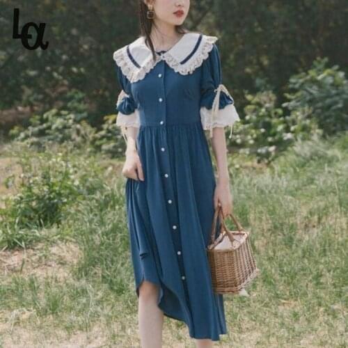 Luck A 2021 Summer Kawaii Lolita Dress Women Patchwork Lace Vintage Princess Dress Short Sleeve Sweet Cute Fairy Tale Midi Dress