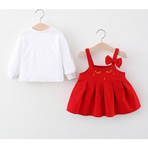 2Pcs Toddler Girl Dresses Baby Girl Clothes Set Fall White Top + Bow Red Suspender Dress Baby Girl Dresses New Fashion