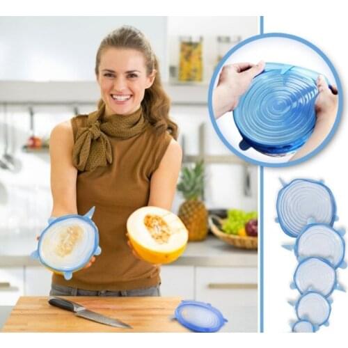 24set/lot 6pcs/set DIY White/Blue Kitchen Bowls Lids Food Grade Silicone Crisper Vacuum Cover Stretch Seal Fresh Cover HA1604