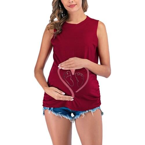 #42 Maternity Tshirt Woman Round Neck Sleeveless Vest Heat Baby Feet Print Solid Color Maternity Top Camiseta Premama Verano