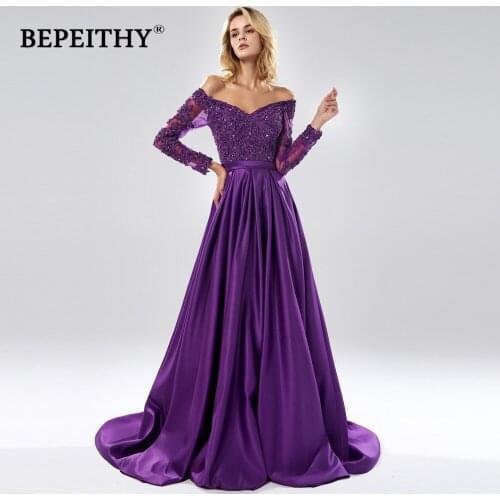 BEPEITHY Robe De Soiree Off The Shoulder A line Long Evening Dress Party Elegant 2020 Full Sleeves Purple Lace Bodice Prom Gown