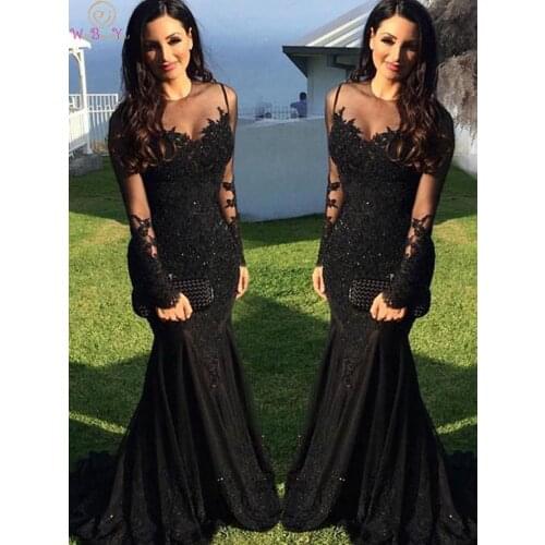 Black Evening Dresses 2020 Muslim Floor Length Long Sleeve O Neck Appliques Lace Sequined Dubai Saudi Arabic Formal Prom Gowns