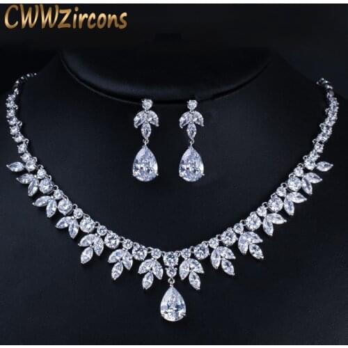 CWWZircons Best Bridal Party Accessories Silver Color Cubic Zirconia Wedding Necklace Earrings Jewelry Set For Brides T037