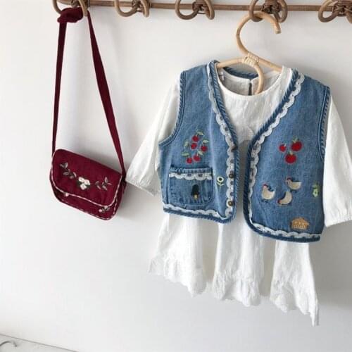 2021 Autumn Girls Embroidered Denim Vest Spring And Summer Baby Denim Waistcoat Western Style Vest Jacket Tide