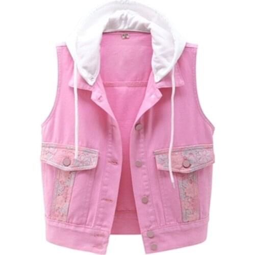 Denim vest thin womens summer new lace pocket short hooded waistcoat pink waistcoat trendy A351