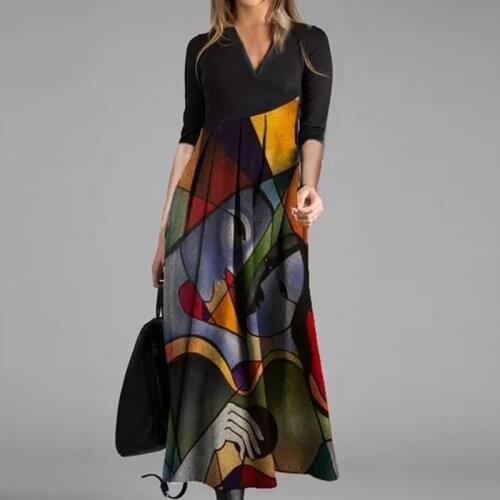 Elegant Women Maxi Dress 2021 Autumn Vintage V Neck Long Sleeve Party Dresses Ladies Patchwork Stripe Loose Long Dress Vestidos