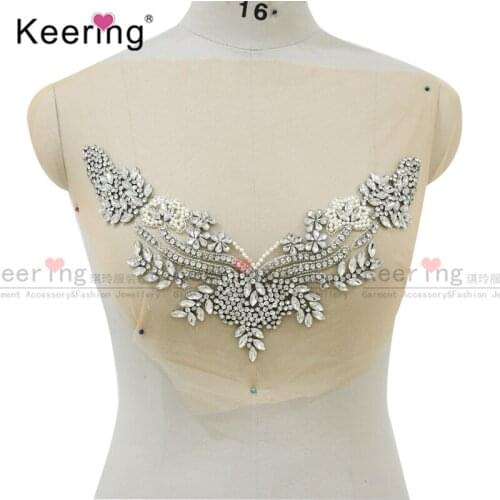 Elegant big V white pearl crystal bridal applique sew on for rhinestone neckline WDP-141