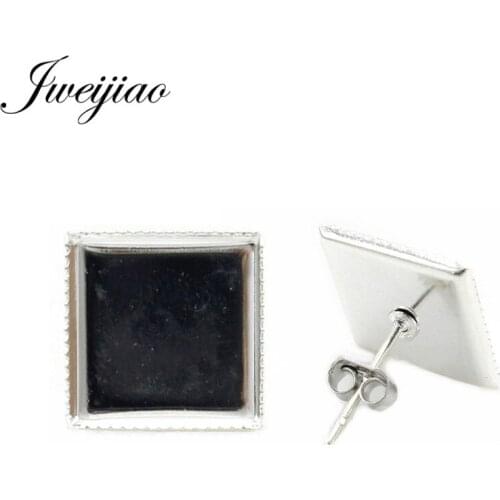 JWEIJIAO 12mm 10pcs Color Square Stainless Iron Studs Earring (with Ear plug) Base,Fit 12mm Square Glass Cabochons DZ45