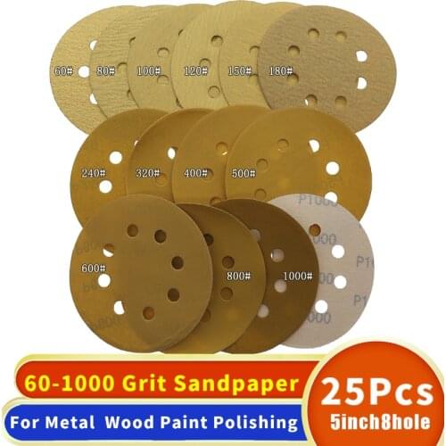 25PCS 5 Inch 125mm Round Sandpaper Eight Hole Disk Sand Sheets Grit 60-1000 Hook and Loop Sanding Disc Polish