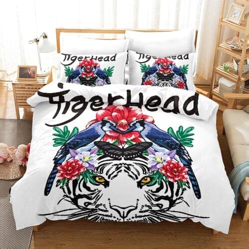 KTLRR Tiger Head Duvet Cover Sets,White Tiger with Flower Printed Bedding Sets for Boys Bedroom Decorative Microfiber Bed Set