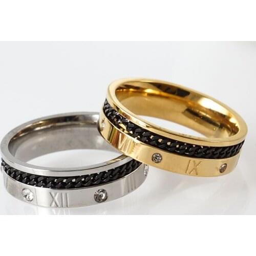 Fashion Cool Stainless Steel Black Chain Crystal Rings For Men Women Roman Numerals Vintage Charm Ring Jewelry