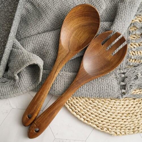 2Pcs Wooden Salad Servers Spoon and Fork Set Long Handle Large Dinner Soup Serving Cooking Untensils Cutlery Tableware Kitchen