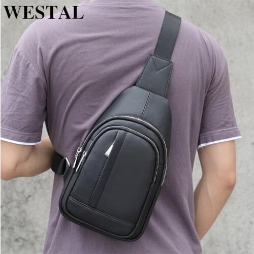 WESTAL Mens Genuine Leather Chest Bags Men Multifunctional Shoulder/Messenger Bags Male Casual Sling Pack Crossbody Bag