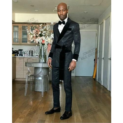 Latest Coat Pant Designs Black Printed Floral Smoking Men Suit Dinner Wedding Party Wear Velvet Shawl Lapel Formal Mens Tuxedo