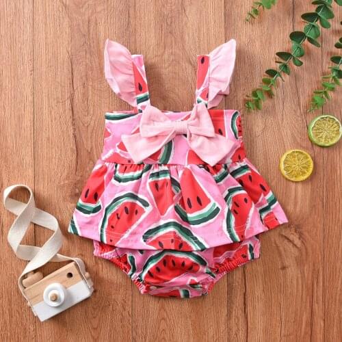 Toddler Baby Summer Clothes Romper Watermelon/Lemon Print Ruffled Sleeveless Jumpsuit with Bowknot for Baby Girls 0-12 Months