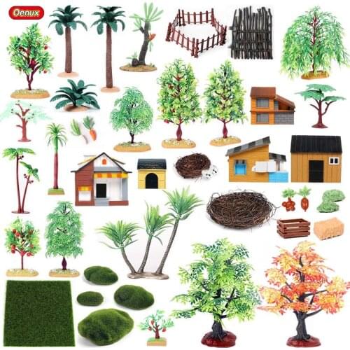 Oenux Home Decoration Palm Trees Farm House Fence Lawn Nest Scenery Layout Landscape Accessory Miniature Farm Animals Model Toys