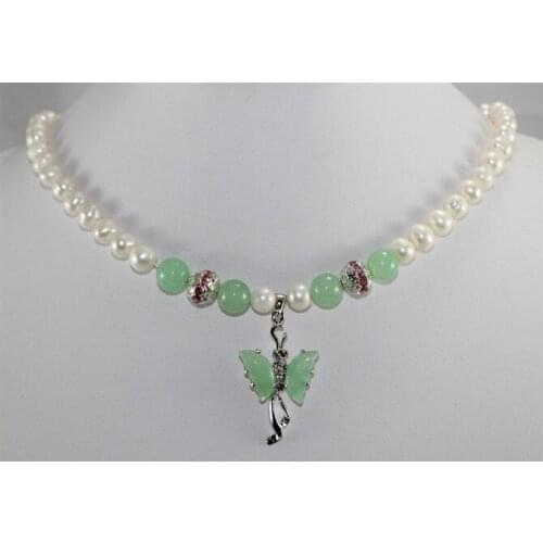 Wholesales -Jewelry Noblest white pearl &Jade green butterfly pendant necklace free shipping