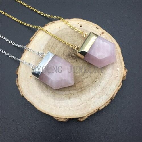 MY0883 Faceted Pentagon Roses Quartz Point Pendant Pink Quartz Necklace with Pure Gold Or Silver Color Chain kolye
