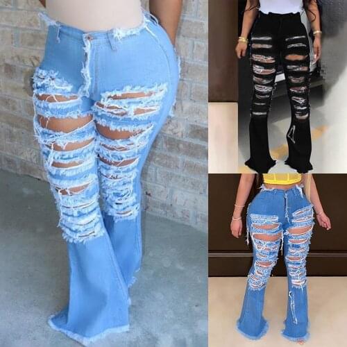 Sexy Ripped jeans Fringe Hollow out Ruffle Flare denim Pants High Waist Bodycon Hole Women Trousers Club Outfits
