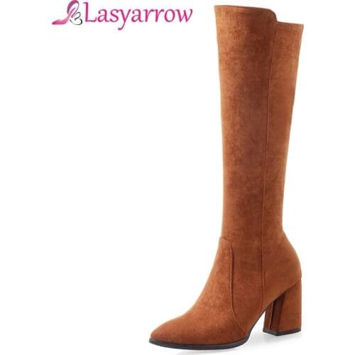 Lasyarrow2 018 Winter Casual Women Knee High Boots Knight Black Boots Thick High Heels Zipper Shoes Woman Pointed Ladies Shoes