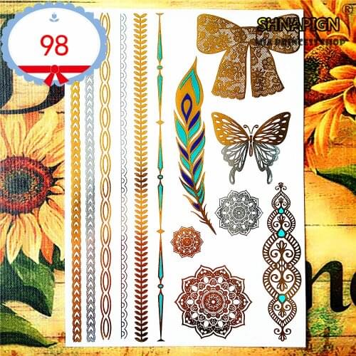 SHNAPIGN 24 style Temporary Tattoo Body Art, Bow Golden Designs, Flash Tattoo Sticker Keep 3-5 days Waterproof 21*15cm