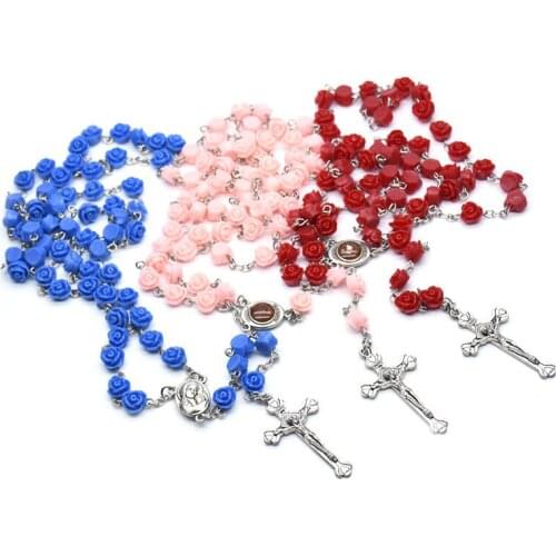 Blue/Pink/Red Crystal Rosary Necklace Long Cross Pendant For Men Women Religious Jewelry