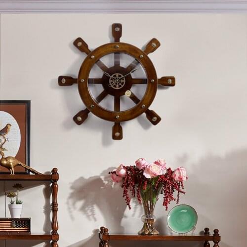 Mediterranean clock Creative Decoration of Living Room Ship Rudder Wall Decoration Clock Solid Wood Quartz Clock
