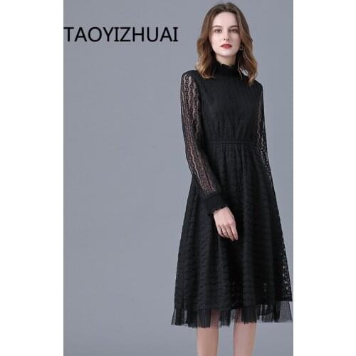 Taoyizhuai Plus Size New French fairy long sleeve lace black Elastic waist casual dress Fat beauty dress