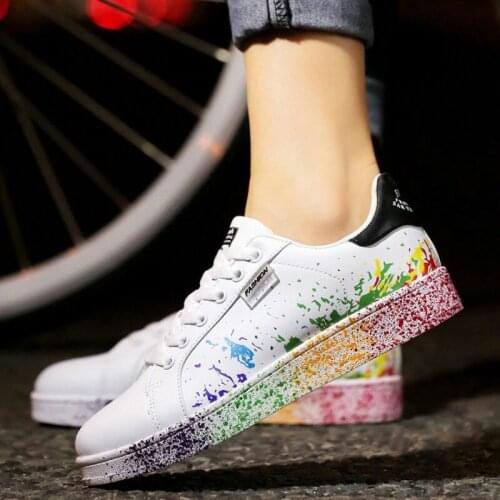 2020 Autumn Women Flat Sneakers Lace-up Colorful Graffiti Platform Female PU Flats Fashion Ladies Walking Vulcanized Shoes New