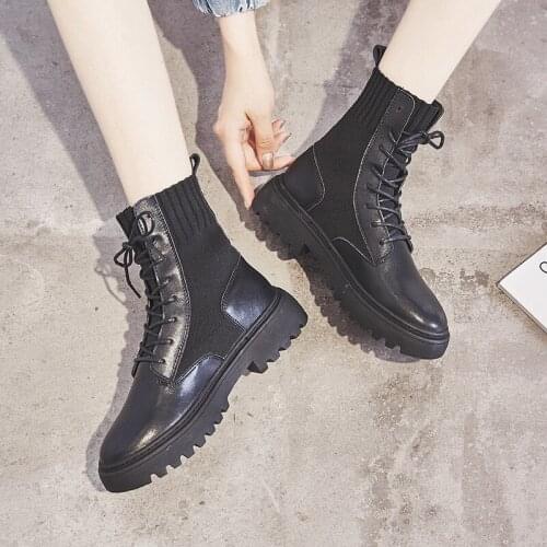 Women Genuine Leather Outdoor Boots Knitting Elastic Autumn Mid-Calf Shoes Square Middle Heels Female Short Sock Boot