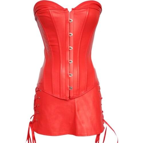 Sexy Pu Leather Overbust Corset Women Red Black Bustier Dress Suit Body Shaper Slimming Waist Belt Curve Modeling Gothic Clothes