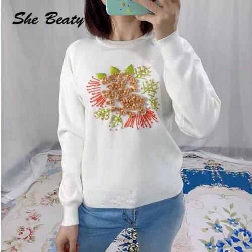 She Beaty Knitted Sweater Pullover Jumper Women Clothes Embroidery Flowers Long Sleeve Korean Style Casual Ladies Y2k Traf Tops