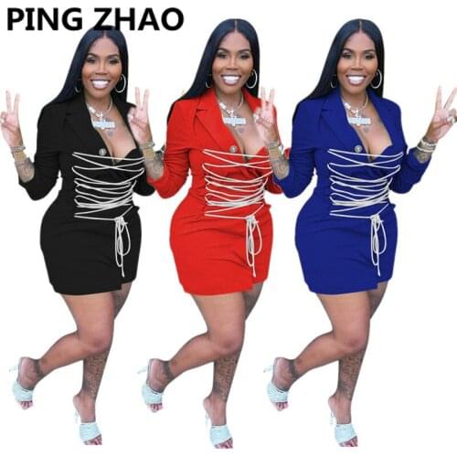 PING ZHAO Women Lace Up Notched Neck Blazer Mini Dress Office Lady Elegant Autumn Dresses