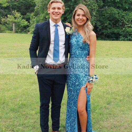 Teal Blue Women‘s’ Sexy Prom Dresses 2k21 One Shoulder Sequin Lace Party Club Birthday Gown Vestido De Fiesta