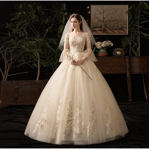 Luxurious O-Neck Wedding Dress Embroidery Tulle Full Sleeves Pleat Floor-Length Backless Plus Size Wedding Gowns For Women G156