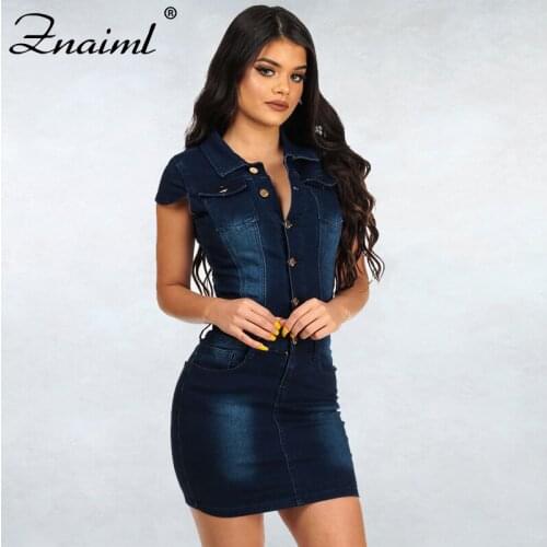 Znaiml Single-Breasted Pockets Denim Dress Womens Sexy Slim Package Hip Dress Elastic Fabric Streetwear Night Club Mini Dress