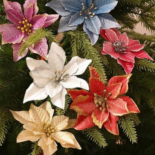 10pcs Glitter Artificial Flowers Merry Christmas Ornaments Christmas Tree Decorations for Home New Year Wedding Party Decor