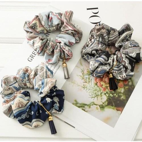 12PC/lot Retro Paisley Streamers with Tassel Hair Ponytail Holder Elastic Hair Bands For Lady Hair wholesale