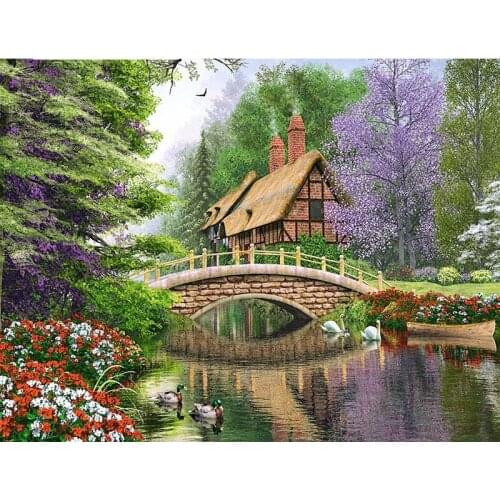 5D DIY Diamond Painting Forest Cabin Bridge Cross Stitch Landscape Needlework Home Decorative Full Square Diamond Embroidery