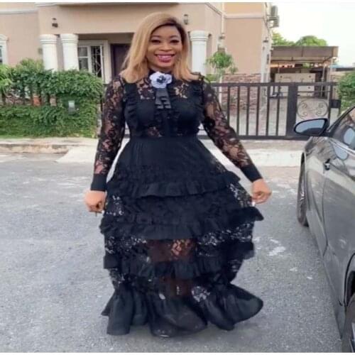 African Clothes Elegant Lace Maxi Dress Women 2019 Spring Long Sleeve Turn-down Collar Ruffles Robe Dress Partyclub Plus Size