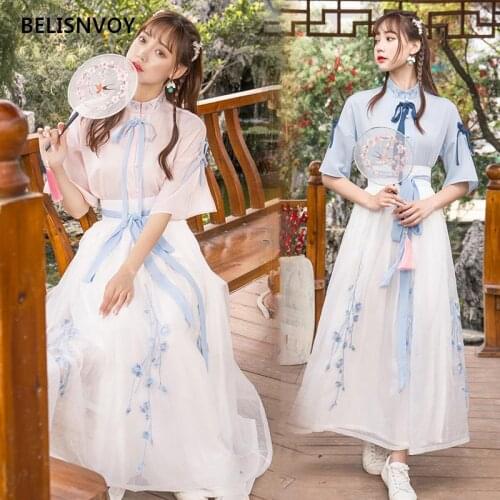 White China Han Element Clothing Blue Traditional Chinese Clothes Women Costume Hanfu Improved Pink Female Dynastie Tang Skirt