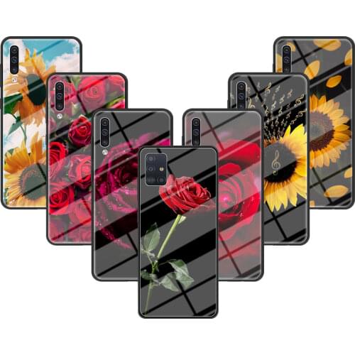 Glass Case For Samsung Galaxy A50 A51 A70 A71 A31 A30 A10 A40 A41 A21s M51 Tempered Phone Casos Cover Sunflower Rose