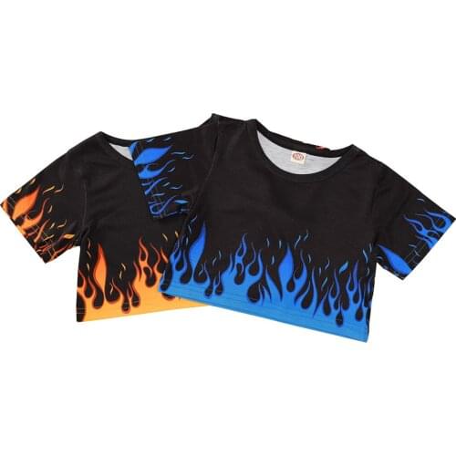 Kids T-Shirt, Boys Floral Print Round Neck Short Sleeve Blouse Pullover Tops for Summer Fall, Orange/Blue 3-10T