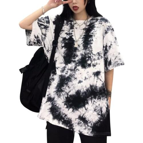 Black White Tie Dye Print T-Shirt Women Summer Short Sleeve Tops Casual Loose Hip Hop Oversized Streetwear All-match O-neck Tees
