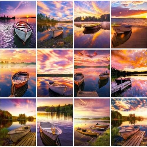 HUACAN 5d Diamond Painting New Arrivals Landscape Boat Rhinestones Diamond Embroidery Sale Sunset Mosaic Handicraft