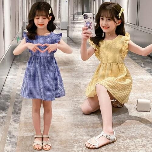 Girls Dress Summer 2021 New Korean Version Medium And Large Children Small Flying Sleeve Plaid Casual Princess Dress 4-13Y