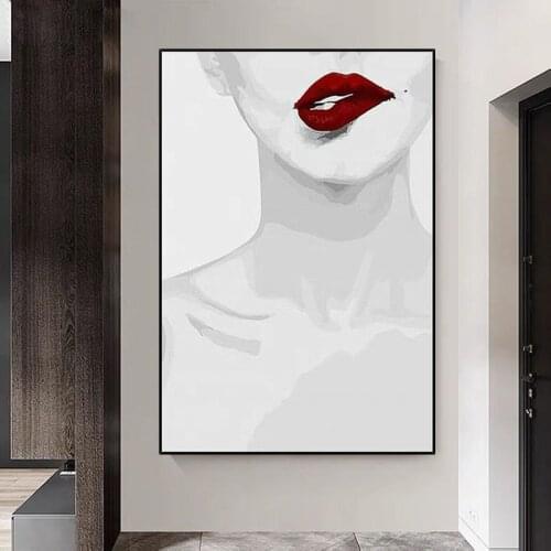 Trendy Minimalist Style Black And White Sexy Lips Canvas Abstract Painting Modern Home Poster Picture Wall Art Decoration
