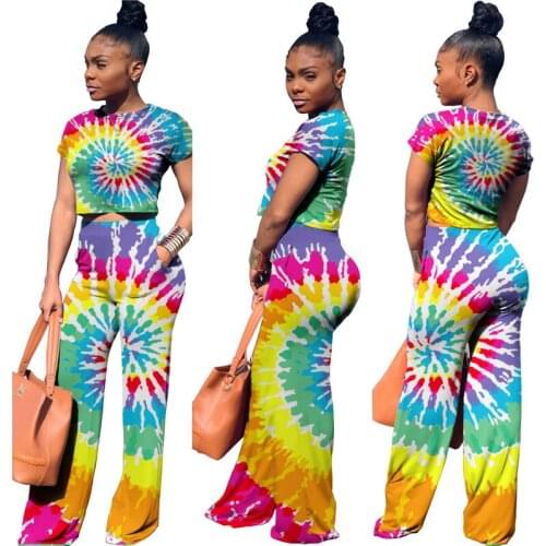 Fashion Womens Tracksuit Two Piece Outfits Painting Tie-Dye Short Sleeve Sweatshirt Tops and Wide Leg Pants Set Casual Clothes