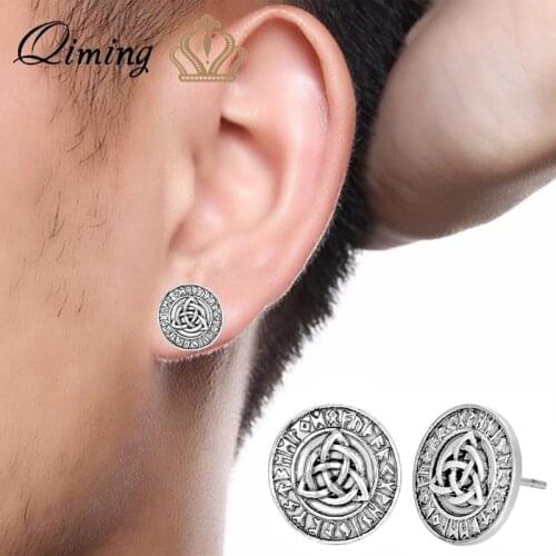 QIMING Nodic Runes Men Earrings Female Viking Amulet Antique fashion Boyfriend Gift Triquetra Symbol Women Stud Earrings Femme